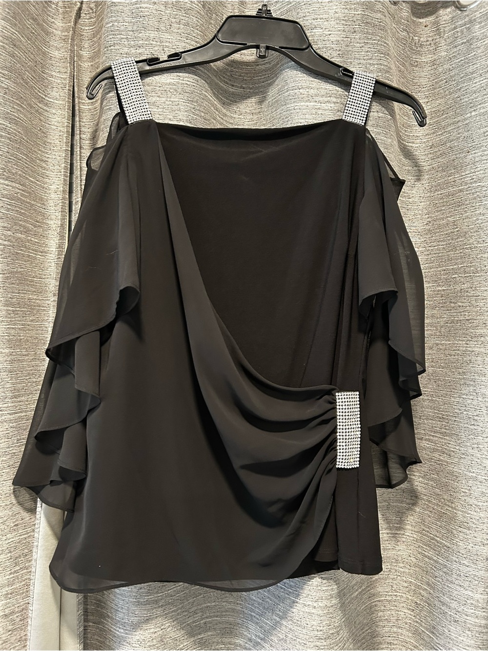 MSK Black One-Shoulder Ruffle Dress with Rhinestone Straps